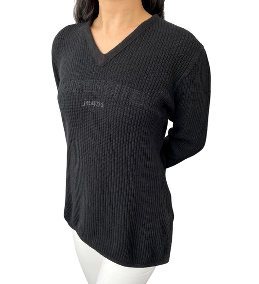 FENDI Vintage Logo Jeans Long Sleeve Sweater #40 Knit Black Wool RankAB