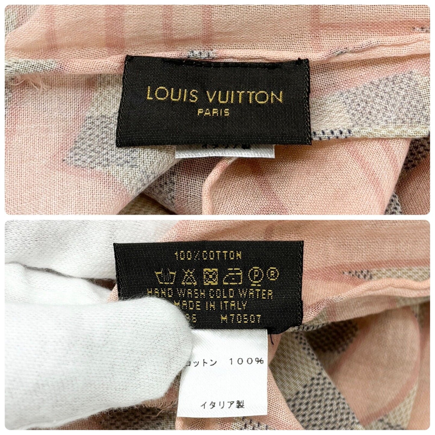 LOUIS VUITTON Vintage Damier Azur Tahitienne Scarves Wrap Pink Gray Cotton