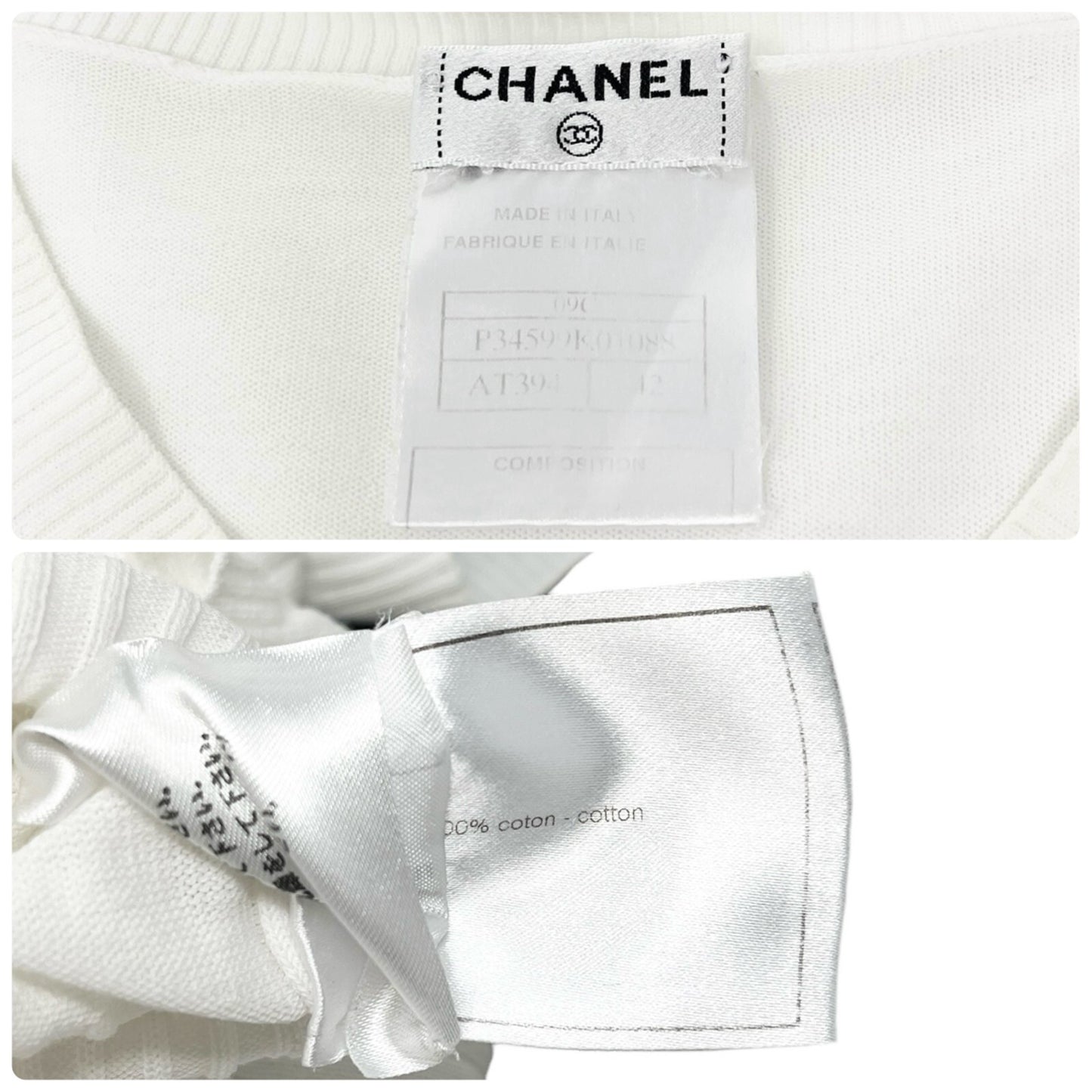 CHANEL Vintage 09C CC Mark Logo T-shirt Top #42 White Cotton V-Neck Rank AB