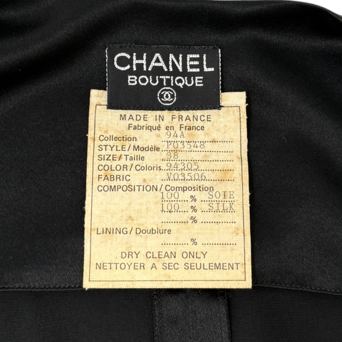 CHANEL Vintage 94A CC Logo Silk V-neck Shirt Blouse Top #38 Black Gold 902814