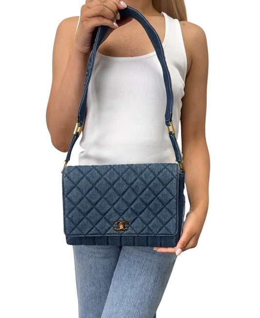 CHANEL Vintage CC Logo Quilted Denim Flap Shoulder Bag Blue Gold 901873