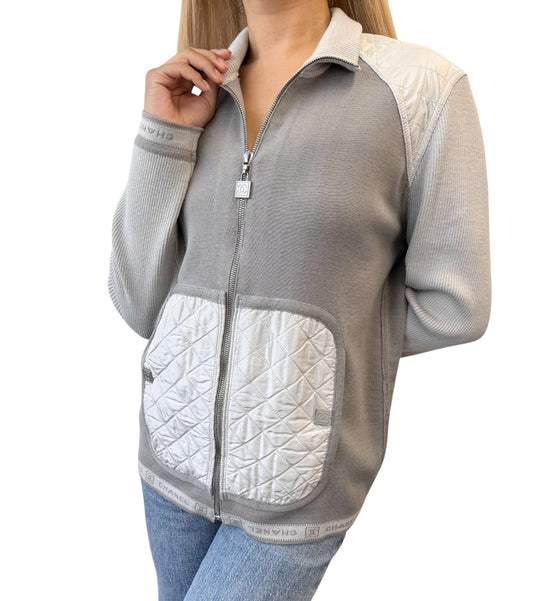 CHANEL Sport Vintage 04P CC Logo Zipped Quilted Jacket Top #44 Gray Silver Wool
