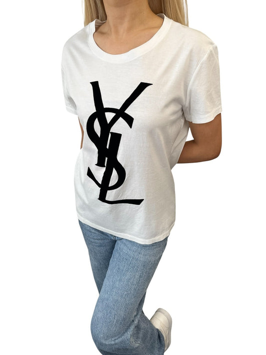 Yves Saint Laurent Vintage Logo Knit Top T-shirt #L White Black Cotton 902087