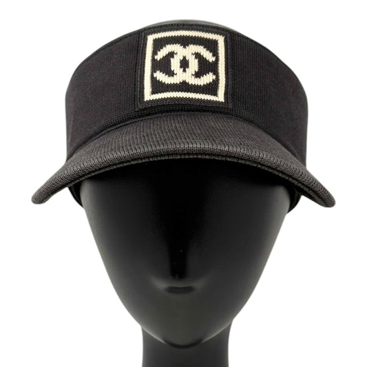 CHANEL Sport Vintage CC Logo Sun Visor Hat #M Black Beige Cotton 902496