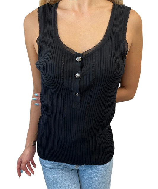 CHANEL Vintage 08P CC Logo Button Ribbed Knit Tank Top #42 Black Silver Cotton