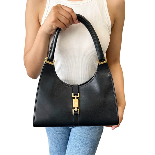 GUCCI Vintage Jackie Logo Shoulder Hobo Bag Handbag Black Gold Leather 902046