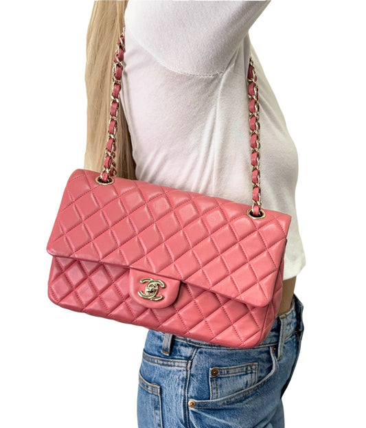 CHANEL Vintage CC Logo Quilted Double Chain 2way Bag Pink Gold Leather 902959