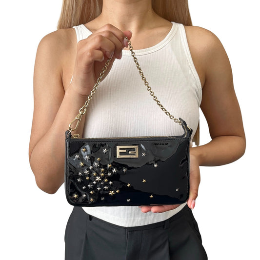 FENDI Vintage FF Logo Star Studs Mini Chain Shoulder Bag Black Gold 902276