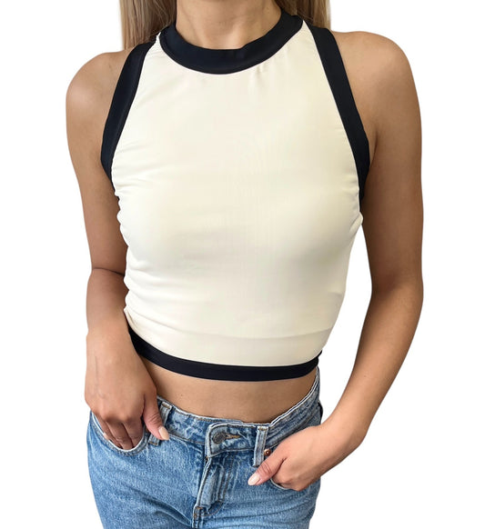 CHANEL Vintage CC Logo Spandex Cropped Tank Top #38 Cream Black Nylon