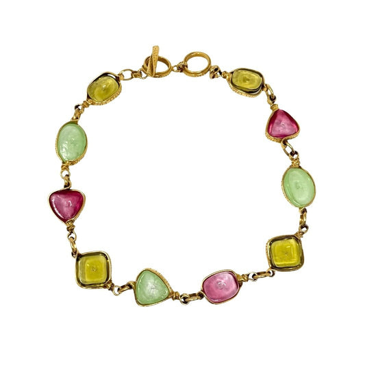 CHANEL Vintage 96P CC Logo Multicolor Glass Cabochon Necklace Gold 902238