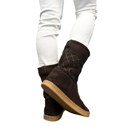 CHANEL Vintage CC Mark Logo Mid Calf Boots #39.5 Stitch Dark Brown Cream Suede