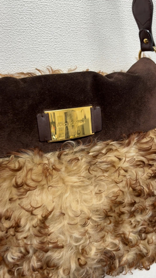 DOLCE&GABBANA Vintage Curly Lamb Shearling Suede Shoulder Bag Brown Beige Fur