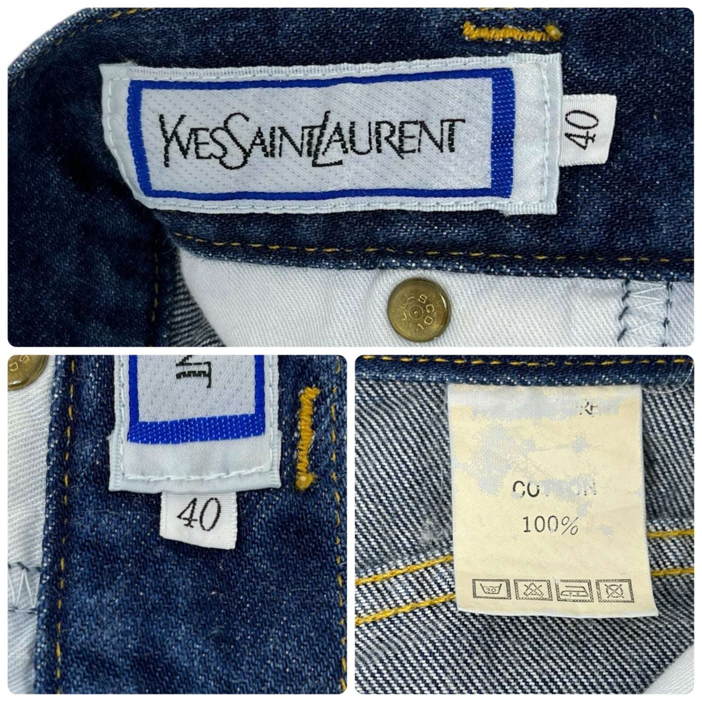 Yves Saint Laurent Vintage YSL Logo Denim Cropped Pants #40 Blue Gold Cotton