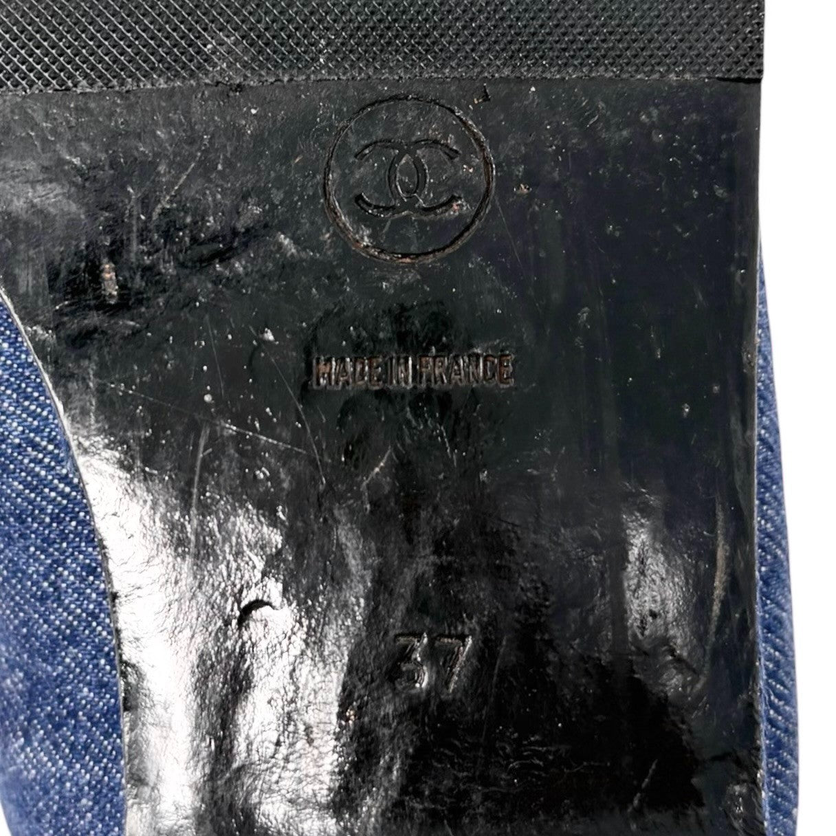 CHANEL Vintage CC Stitch Logo Thong Denim Sandals #37 Blue Black Leather