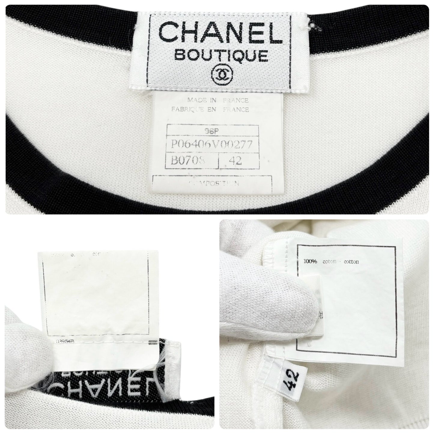 CHANEL Vintage 96P CC Logo Sleeveless Top #42 Summer Knit Tank White Black