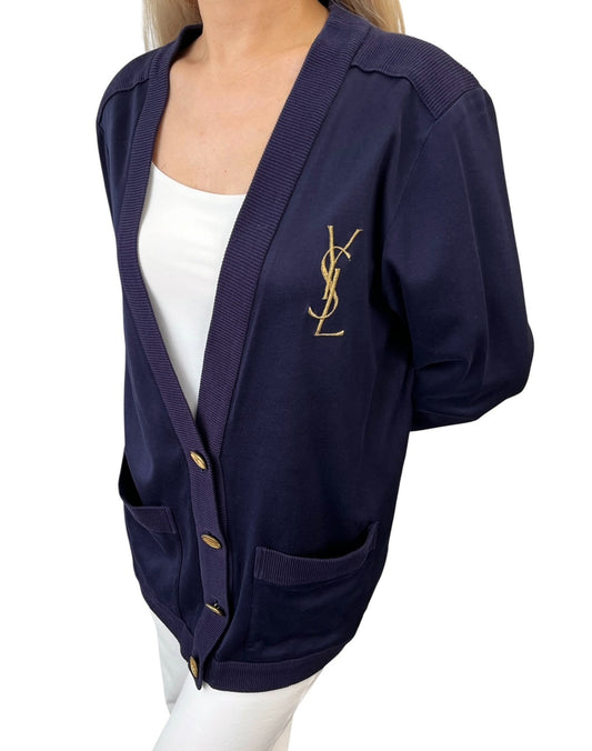 Yves Saint Laurent Vintage YSL Logo Cardigan Top #M Blue Gold Sweater 902072