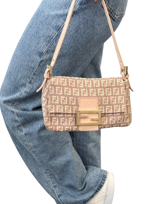 FENDI Vintage Zucchino Mamma Baguette Canvas Shoulder Bag Pink Leather 902589