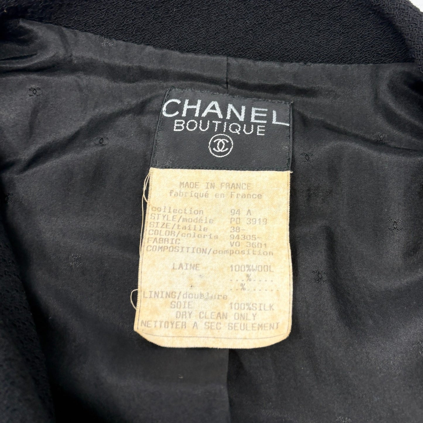 CHANEL Vintage 94A CC Logo Button Blazer Jacket #38 Black Gold Wool 902231