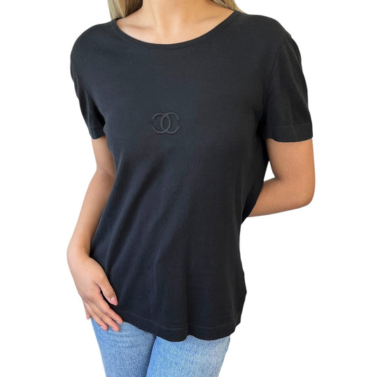 CHANEL Vintage 95P CC Mark Logo T-shirt #40 Short Sleeve Top Black Cotton