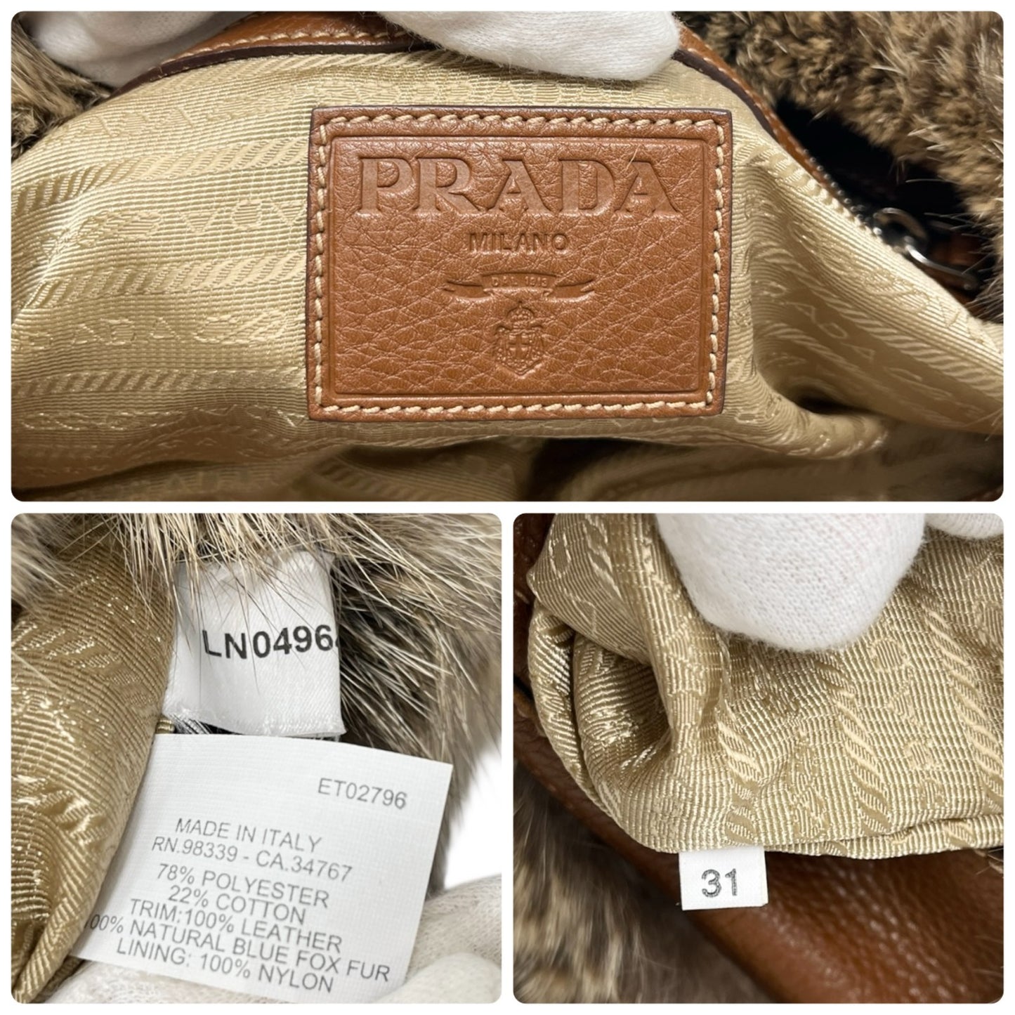 PRADA Vintage Logo Jacquard Fur Trim Canvas Shoulder Tote Bag Beige Brown