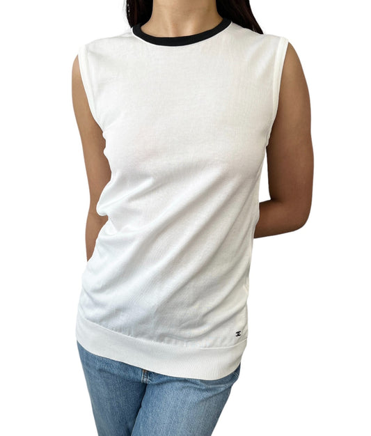 CHANEL 96P CC Logo Summer Knit Tank Top #38 Pullover Cotton White Black RankAB