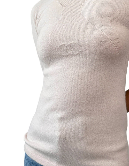 CHANEL Vintage 02A CC Mark Logo Knit T-shirt #38 Top Light Pink Cashmere Rank AB