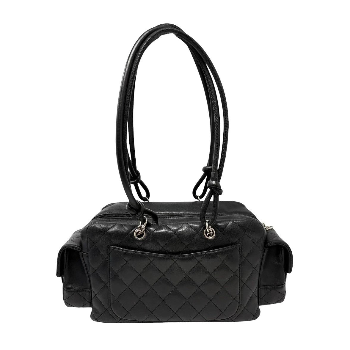 CHANEL Vintage Cambon Line CC Logo Quilted Shoulder Bag Black Silver Leather