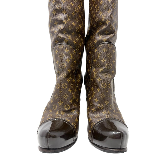 LOUIS VUITTON Vintage LV Monogram Long Boots #36.5 Heels Brown Black 902562