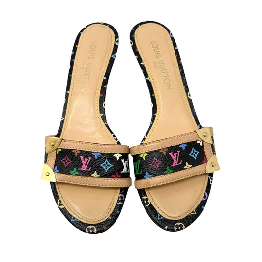 LOUIS VUITTON Vintage Monogram Multicolor Sandals Heels #37.5 Black Beige