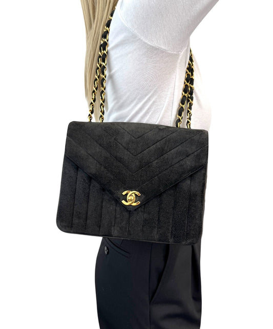 CHANEL Vintage CC Mark Logo Suede Crossbody Shoulder Bag Chain Black Gold