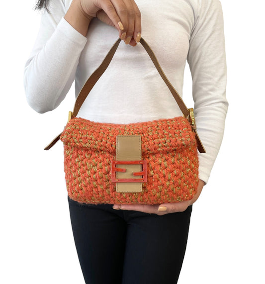 FENDI Vintage FF Mamma Baguette Wool Knit Shoulder Bag Glitter Orange Beige