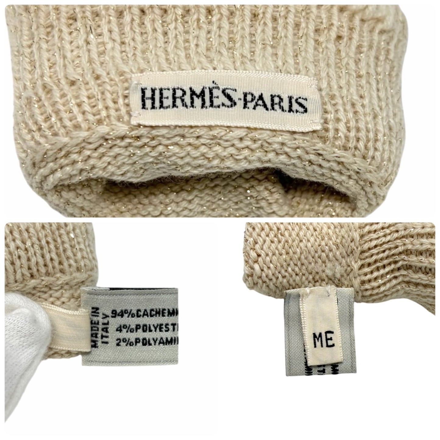 HERMES Vintage H Logo Embroidery Cashmere Ribbed Knit Gloves Glitter Beige Gold