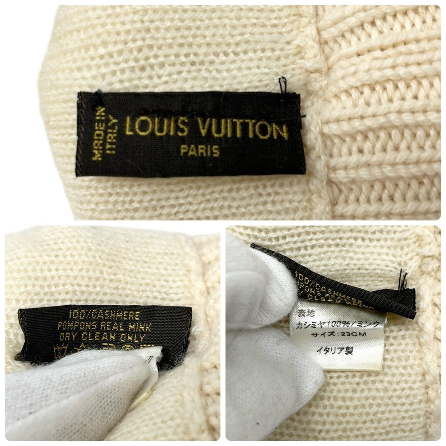 LOUIS VUITTON Vintage LV Logo Knit Gloves Mink Pompons Cream Cashmere