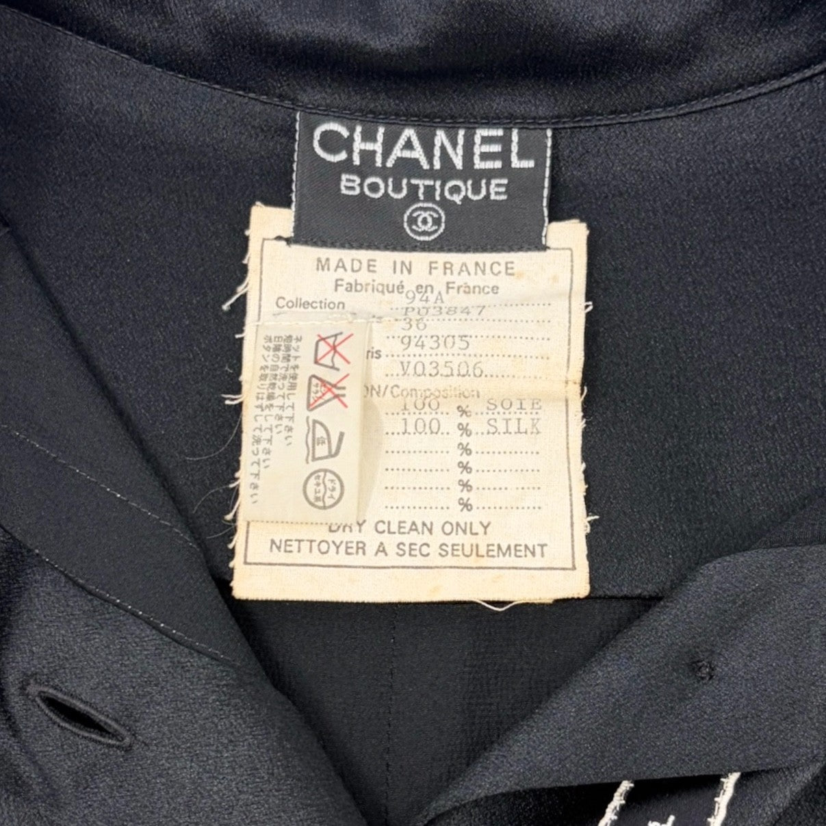 CHANEL Vintage 94A CC Logo Button Up Blouse Silk Shirt #36 Ribbon Black