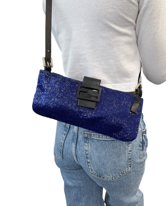 FENDI Vintage FF Logo Beads Mamma Baguette Crossbody Shoulder Bag Blue Black