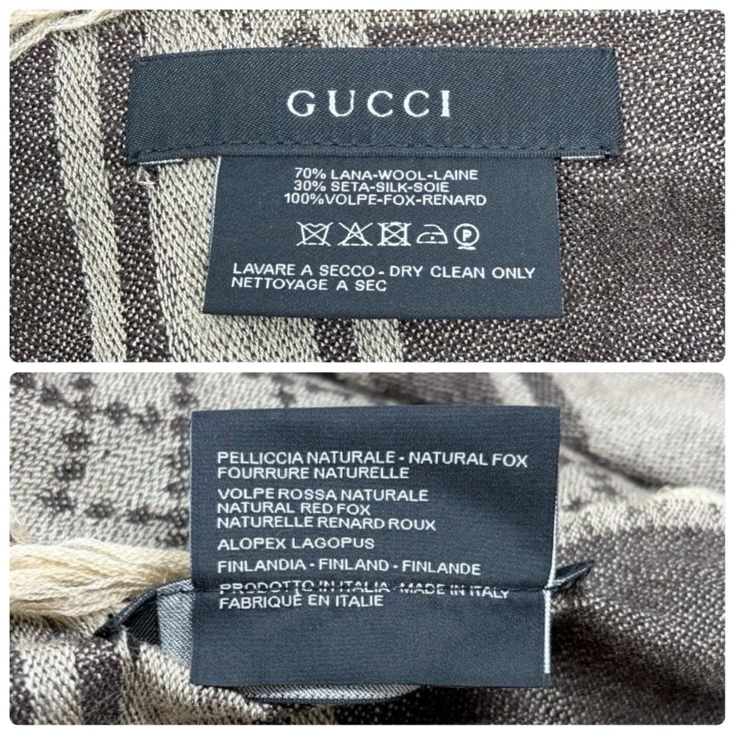 GUCCI Vintage GG Logo Monogram Fox Fur Shawl Scarf Wrap Brown Gray Wool 902011