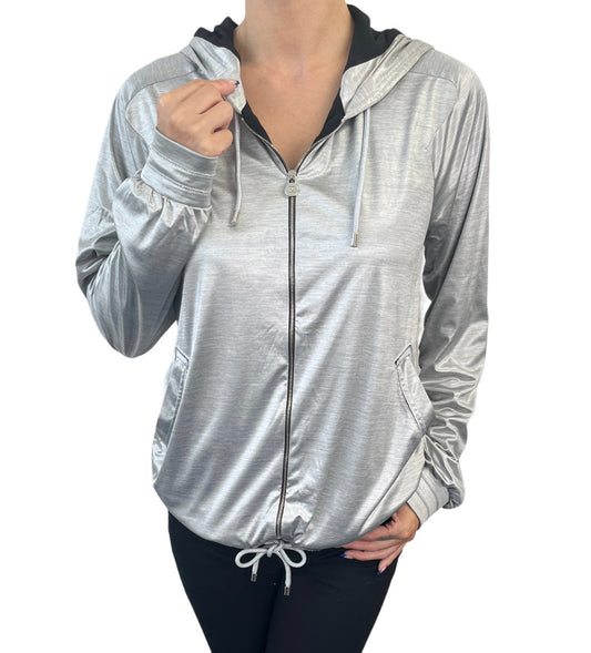 CHANEL Vintage P43484 Big CC Logo Zip Hoodie Jacket #42 Silver Black 901958