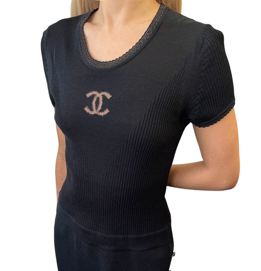 CHANEL Vintage P37829 CC Button Rib Knit Dress One-piece Black #38 Sheer 902018