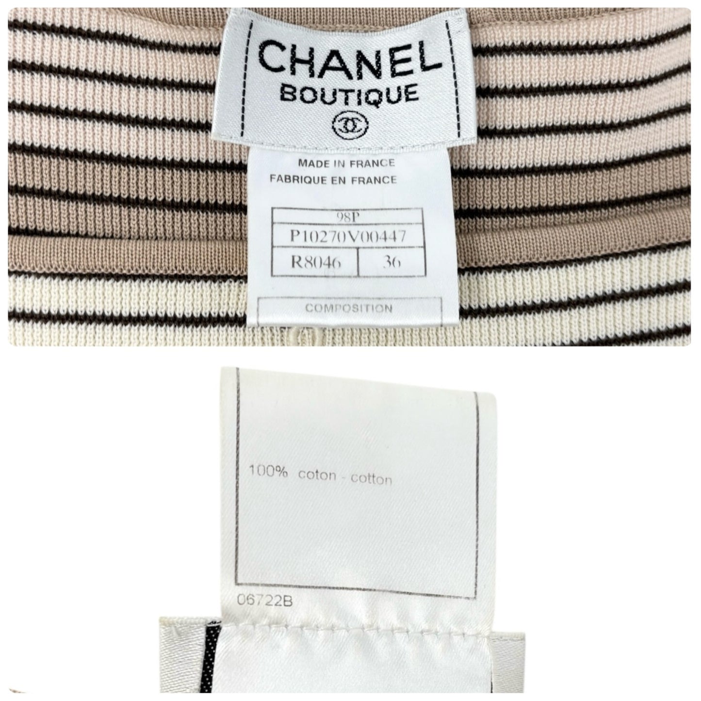 CHANEL Vintage 98P CC Mark Logo Stripe Knit T-shirt Top #36 Beige Brown Pullover