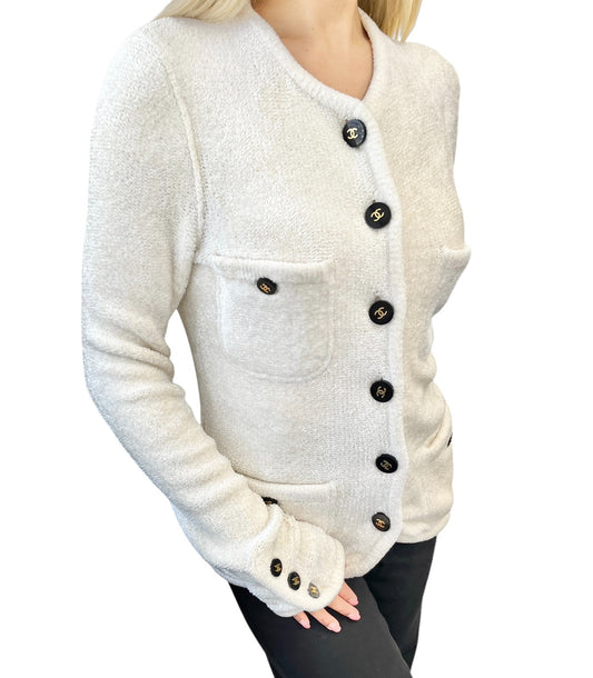 CHANEL Vintage 95A CC Logo Button Velour Cardigan Jacket #42 Cream 902020