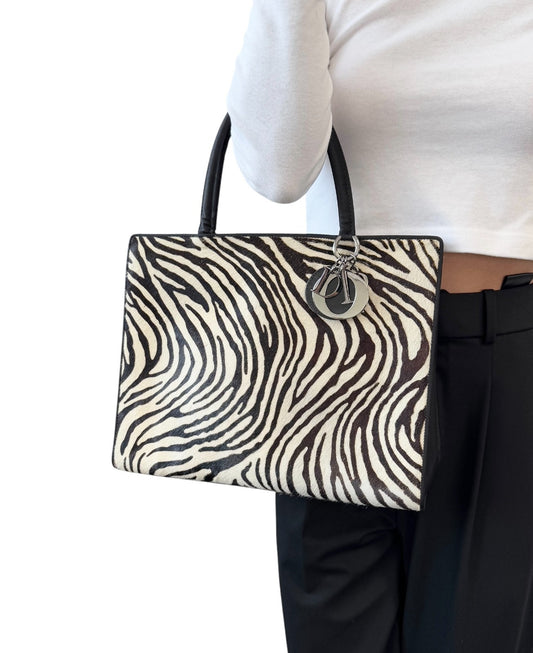 Christian Dior Vintage Logo Charm Zebra Pony Calf Hair Handbag Black 902383