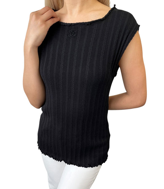 CHANEL P47979 CC Logo Rib Knit Tank Top #38 Black Sleeveless Cotton 901965