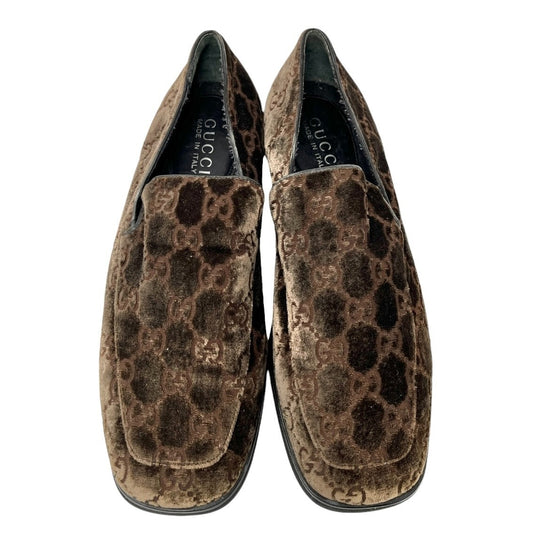 GUCCI Vintage GG Monogram Loafer Shoes #37 US7 Brown Velour Leather Rank AB