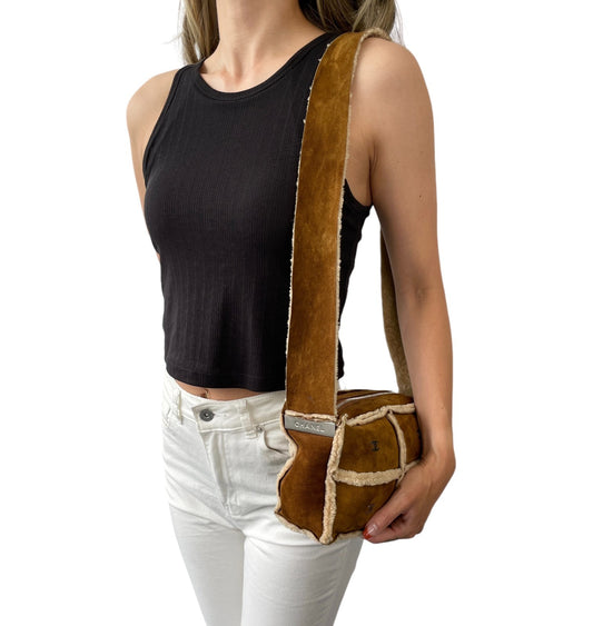 CHANEL Vintage CC Logo Shearling Crossbody Bag Brown Cream Mouton Suede Boa