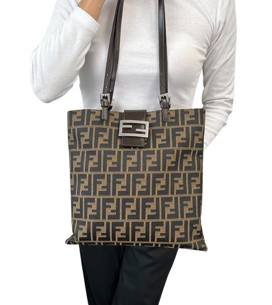 FENDI Vintage Zucca Logo Monogram Canvas Tote Shoulder Bag Leather Brown Silver