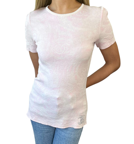 CHANEL Vintage 09C CC Logo T-shirt Knit Top #38 Pink Cotton Rose Short Sleeve