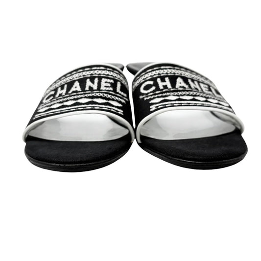 CHANEL Vintage CC Embroidery Logo Sandals Heels #37 Black White Canvas 901946
