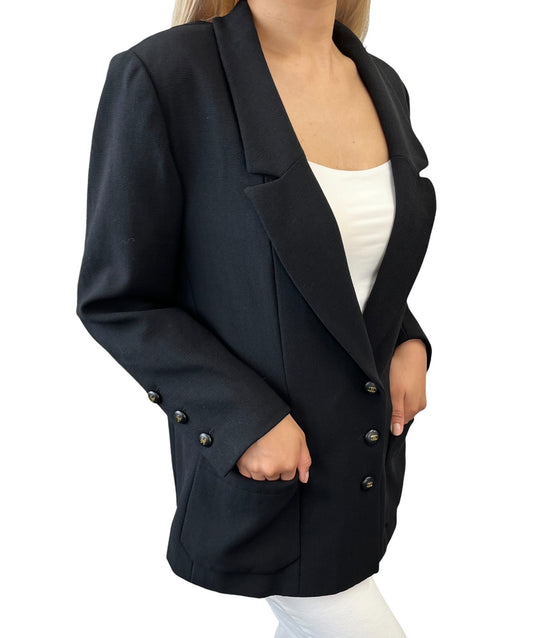 CHANEL Vintage 95C CC Logo Button Blazer Jacket #40 Black Gold Wool 901986