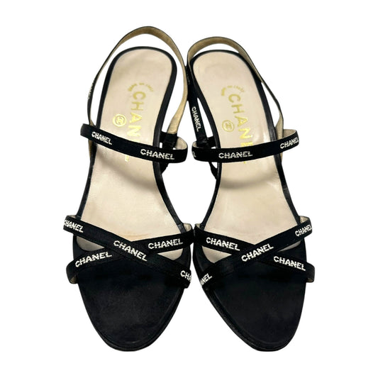 CHANEL Vintage 96C Logo Satin Ribbon Sandals Heels #36 Black White Satin Strap
