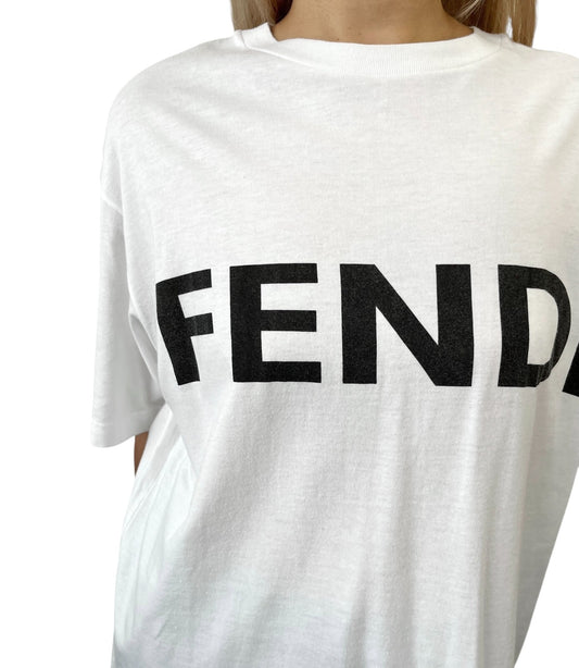 FENDI Vintage Big Logo Oversized T-shirt #42 Short Sleeve Top White Black Cotton